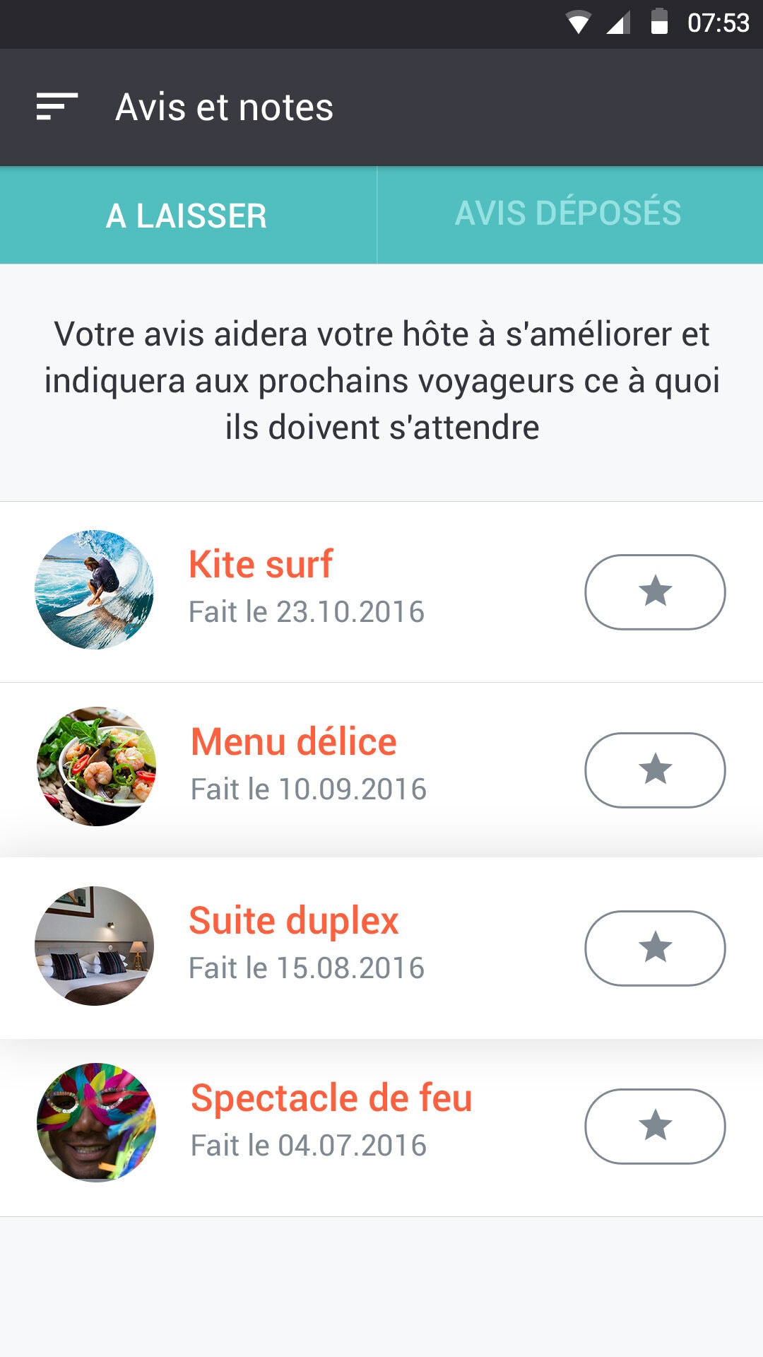 Page liste des avis de l'Application mobile - Laura Savow